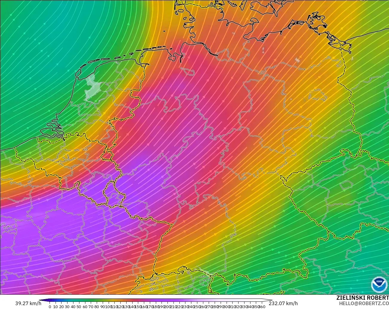 GFS modelo - Alemania, Viento a 300 hPa (corriente en chorro)