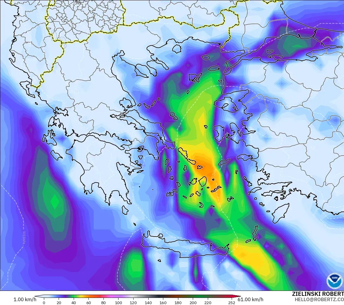GFS modelo - Grecia, Ráfagas de viento