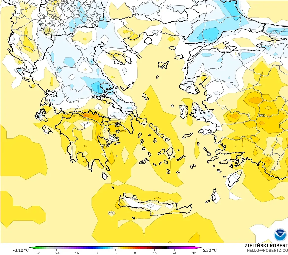 GFS modelo - Grecia, Anomalía de temperatura a 2 m