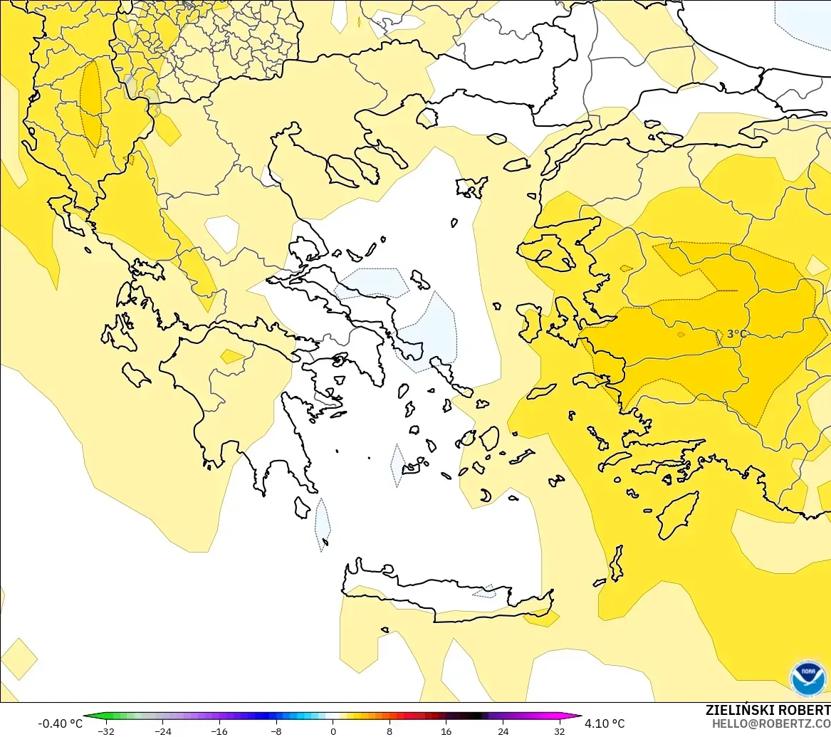 GFS modelo - Grecia, Anomalía de temperatura a 850 hPa