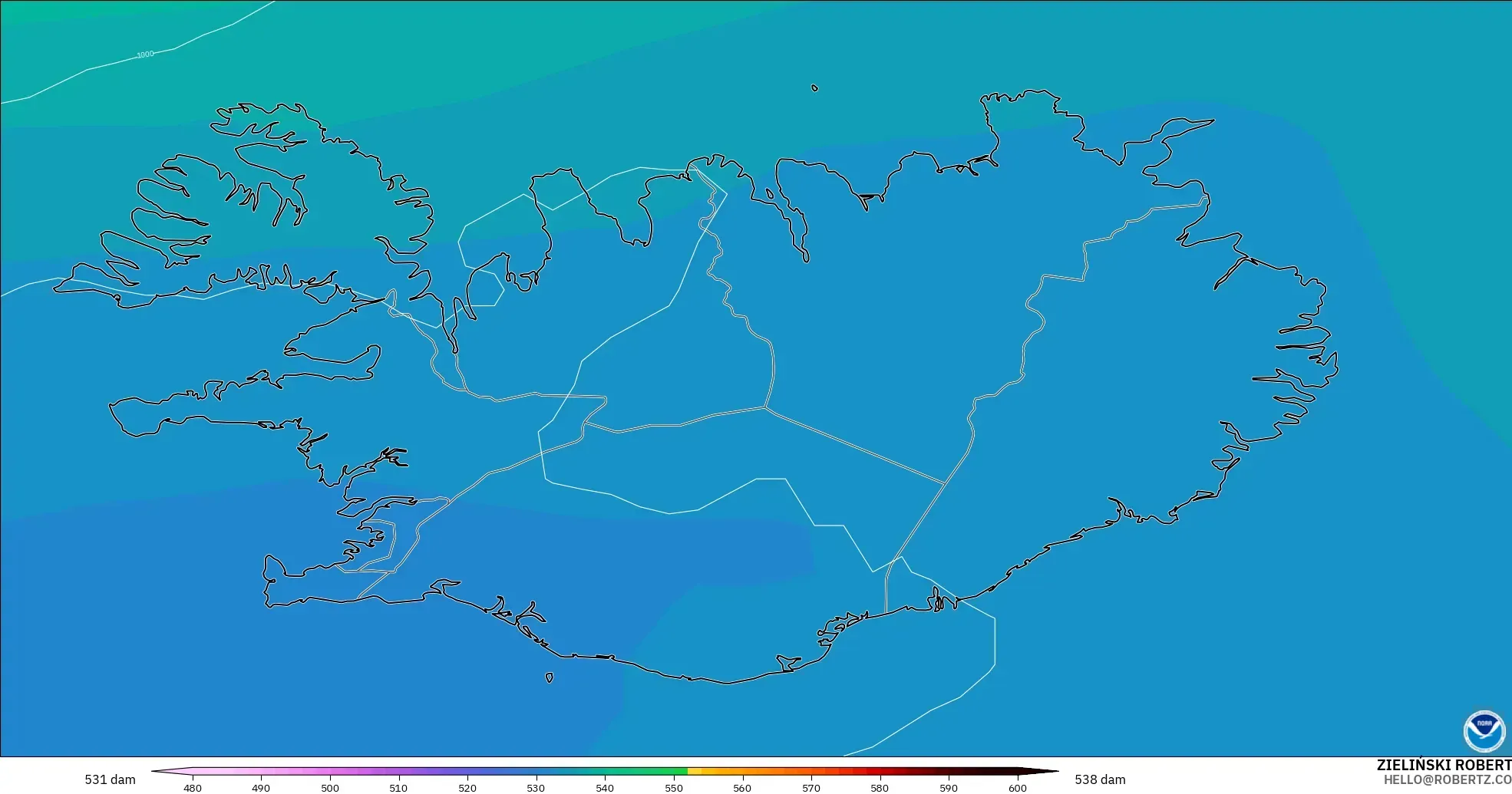 GFS modelo - Islandia, Altura geopotencial a 500 hPa