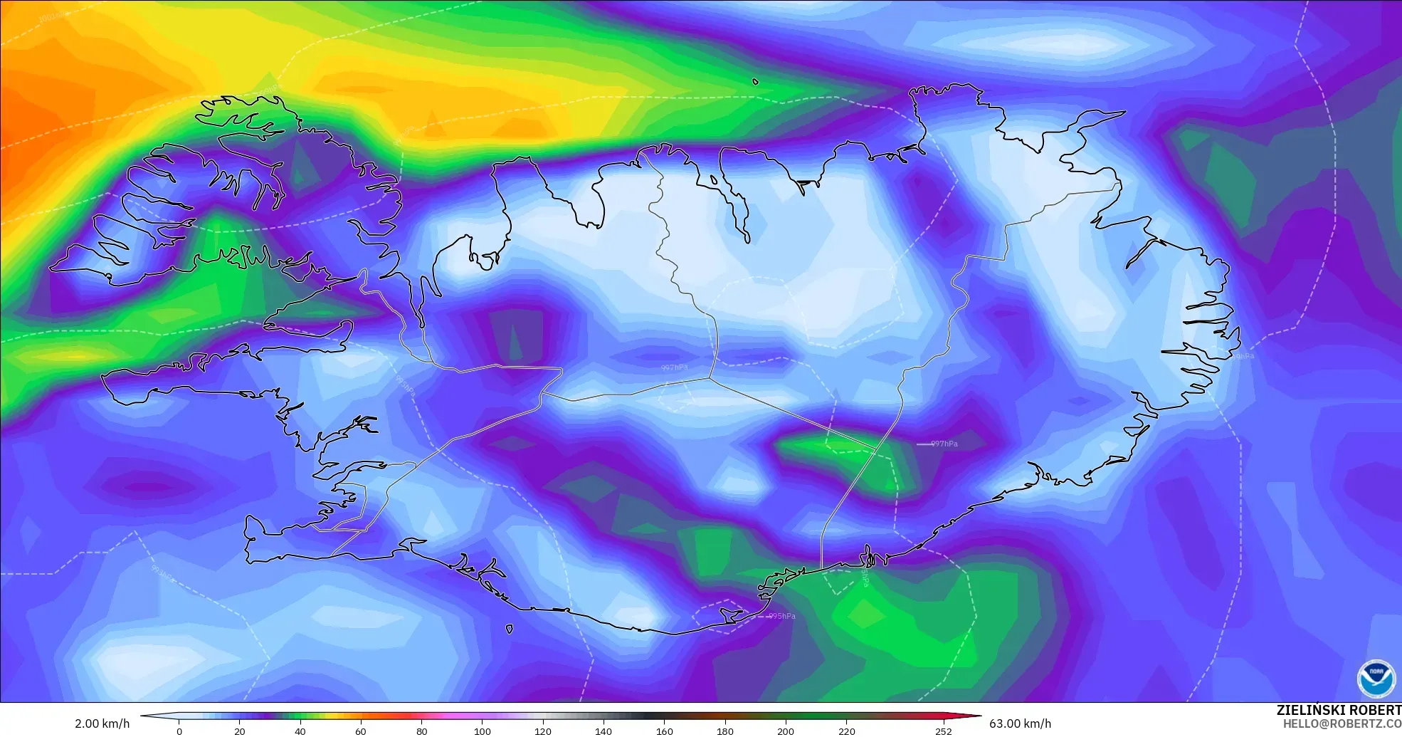 GFS modelo - Islandia, Ráfagas de Viento Máximas