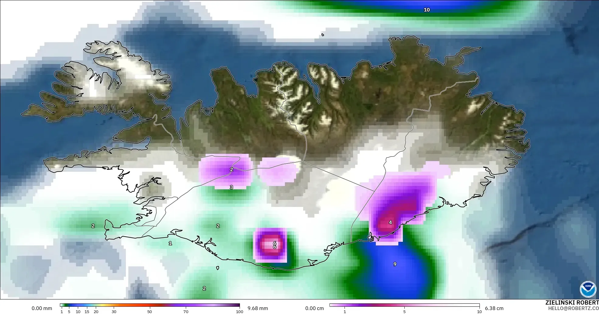 GFS modelo - Islandia, Precipitación, nubes y presión