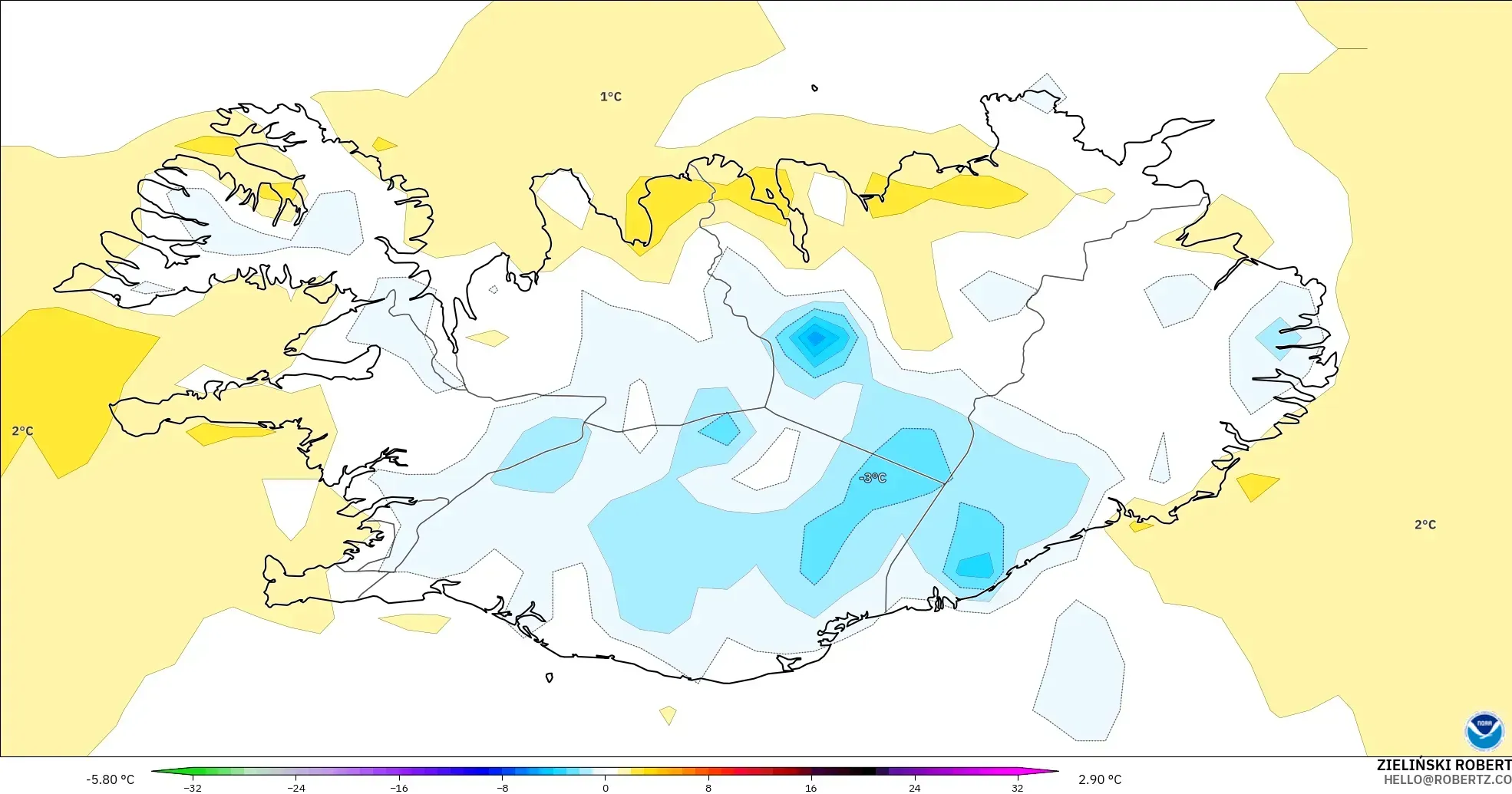 GFS modelo - Islandia, Anomalía de temperatura a 2 m