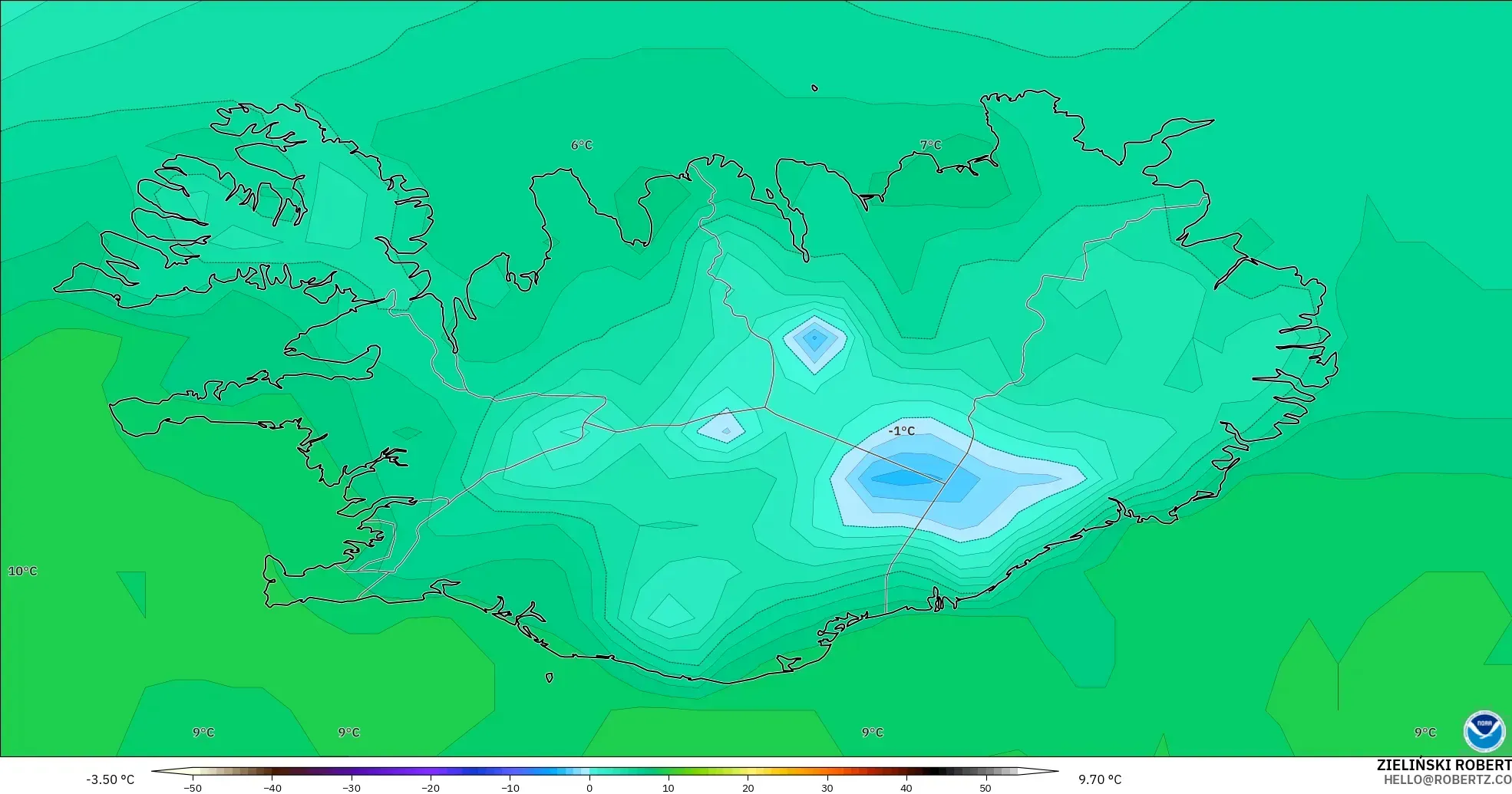 GFS modelo - Islandia, Temperatura a 2 m