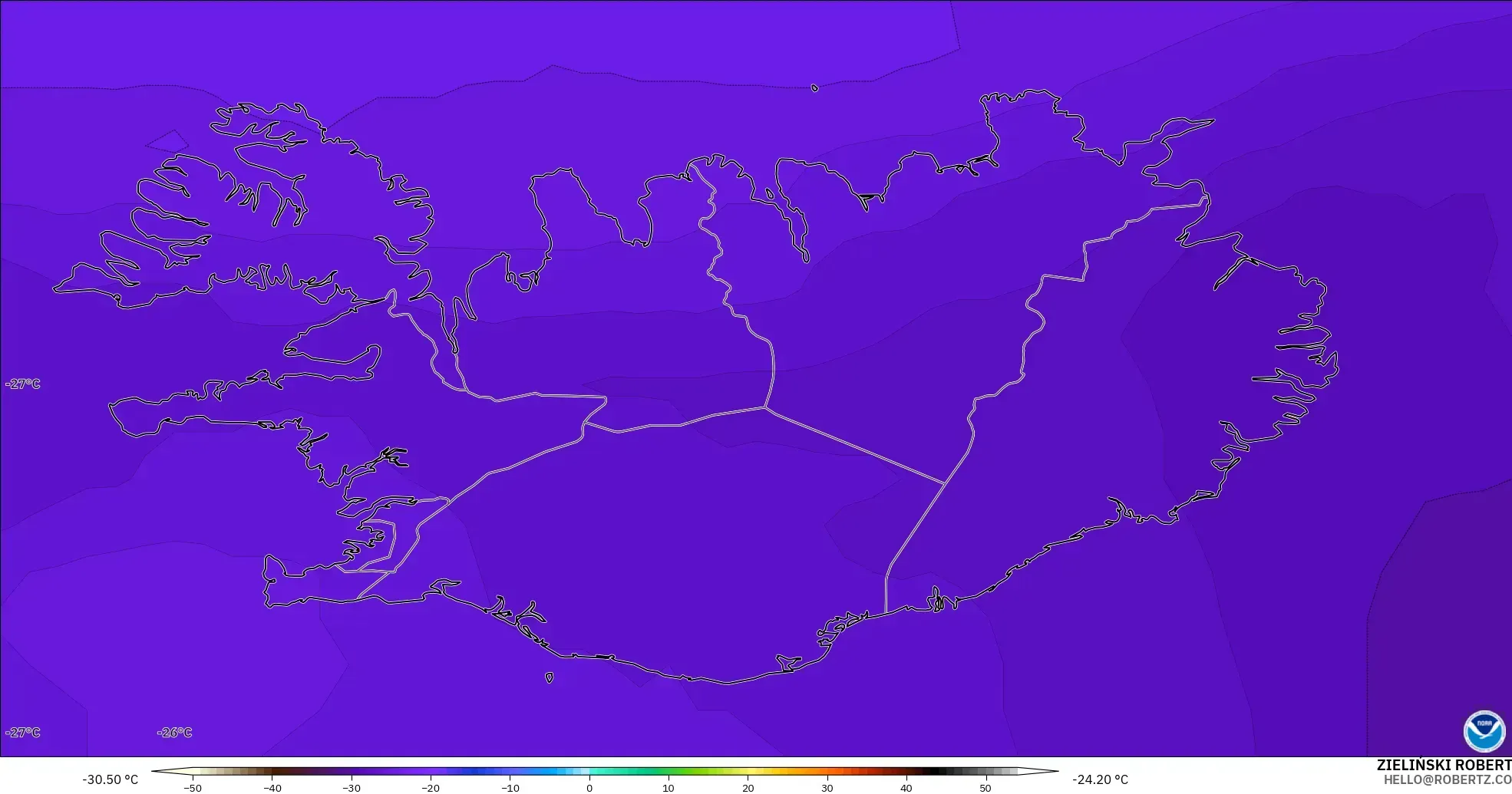 GFS modelo - Islandia, Temperatura a 500 hPa