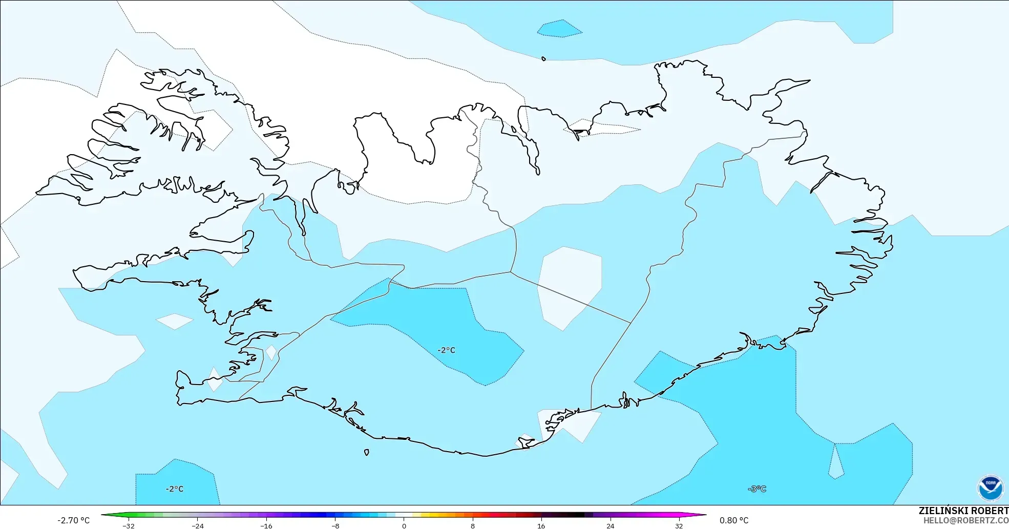 GFS modelo - Islandia, Anomalía de temperatura a 850 hPa
