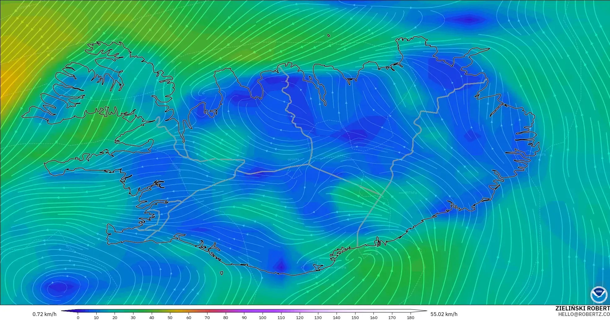 GFS modelo - Islandia, Viento a 10 m