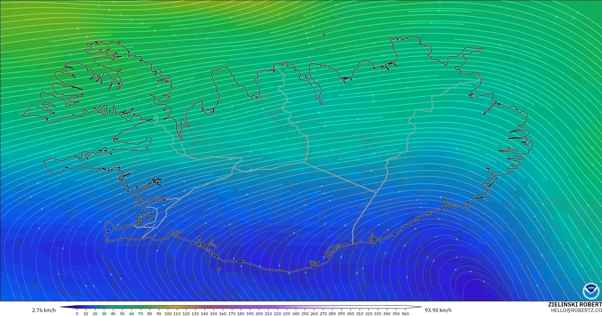 GFS modelo - Islandia, Viento a 300 hPa (corriente en chorro)