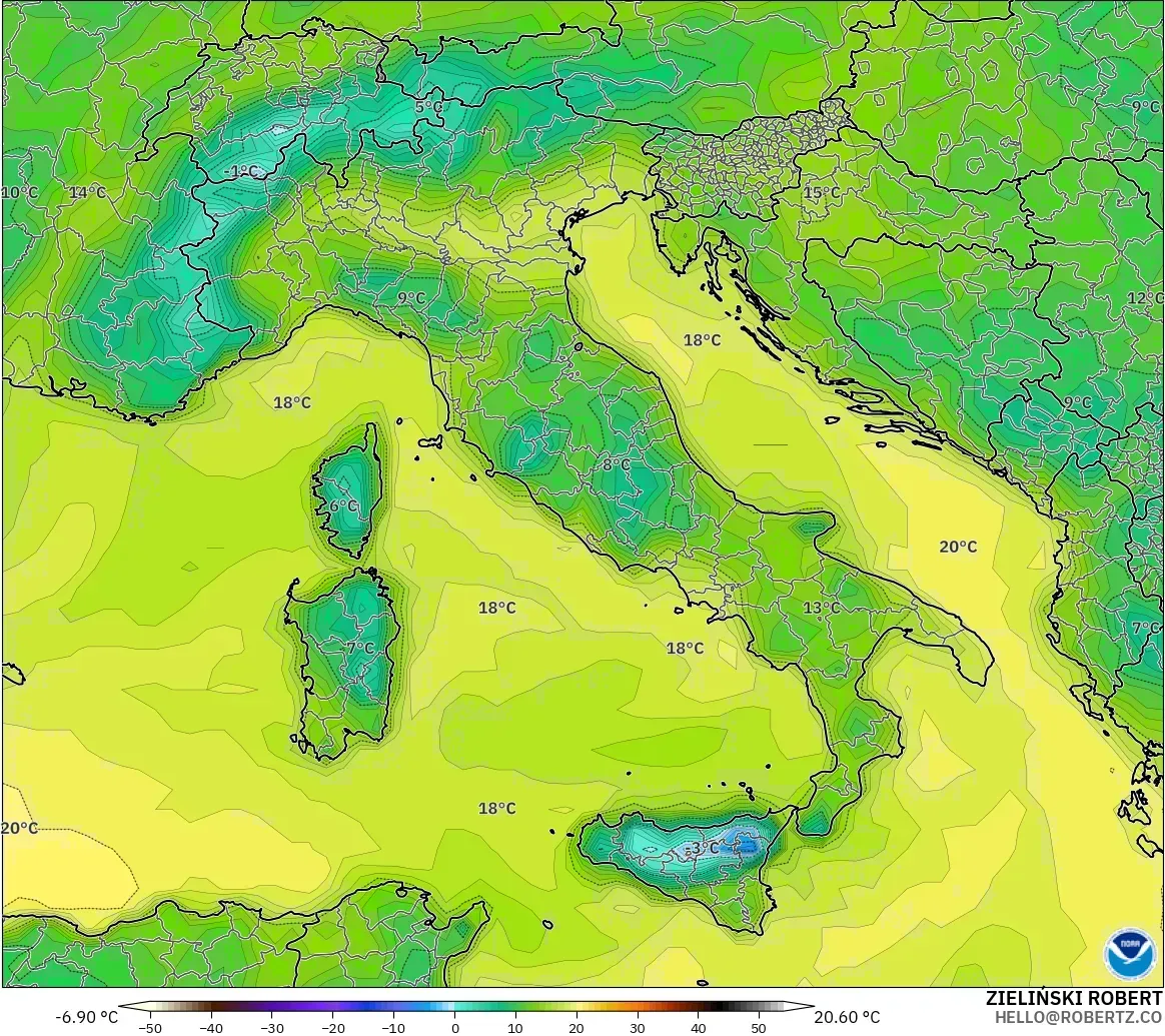 GFS modelo - Italia, Punto de rocío a 2 m
