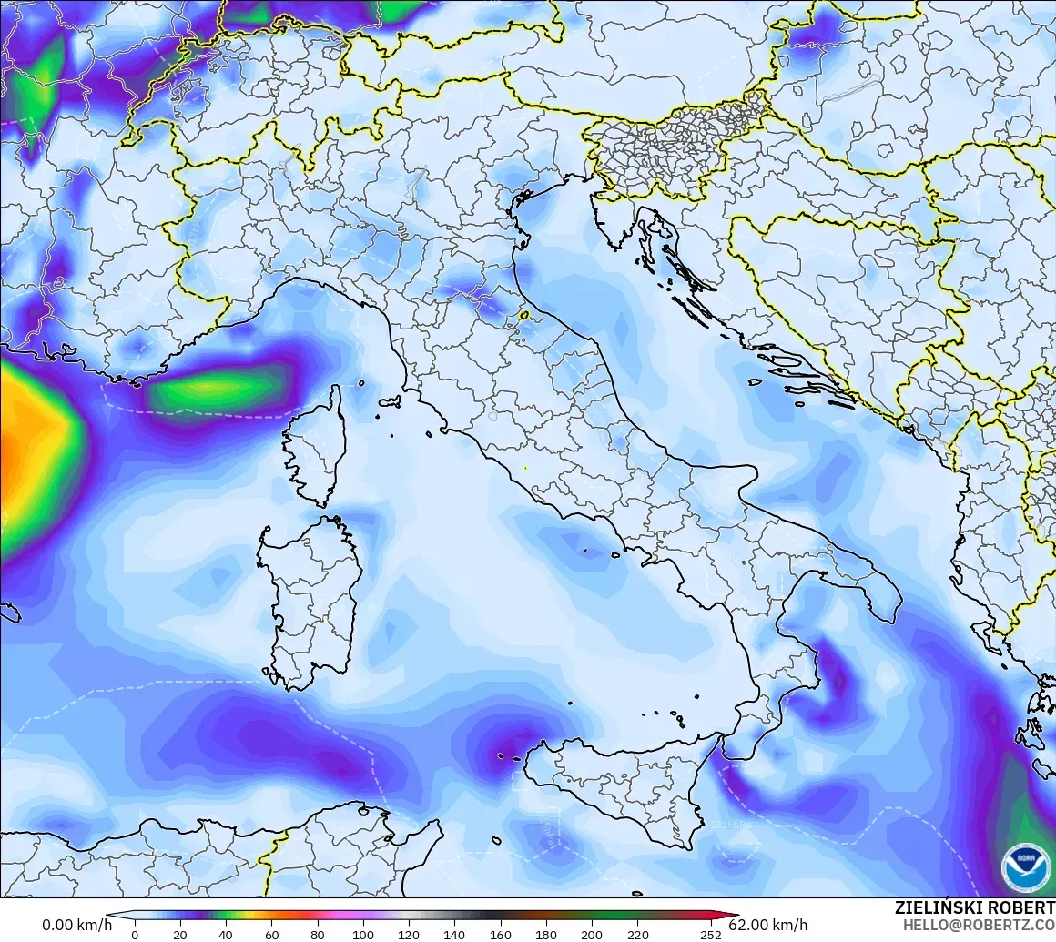 GFS modelo - Italia, Ráfagas de viento