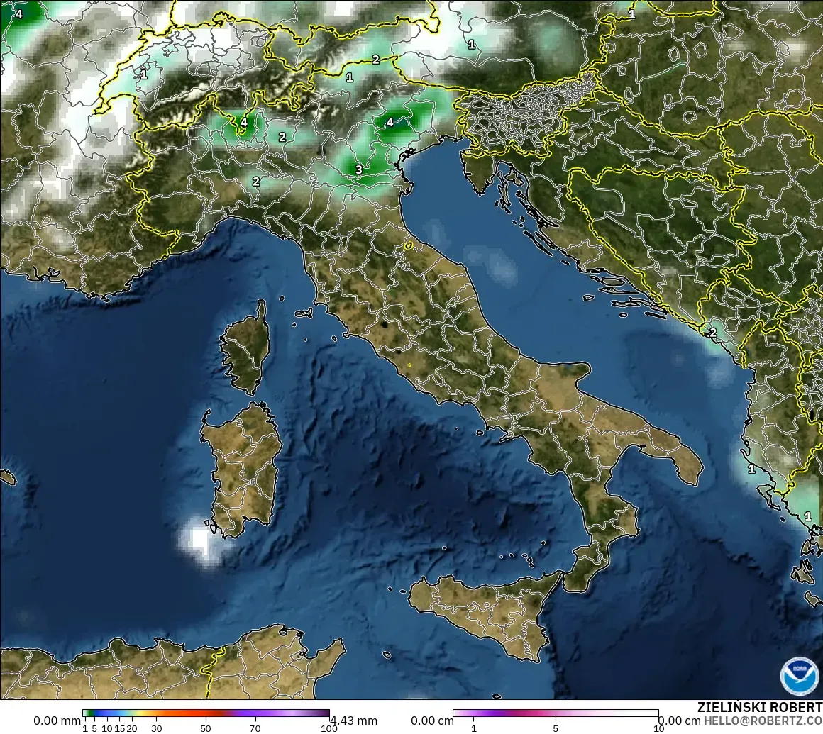 GFS modelo - Italia, Precipitación, nubes y presión
