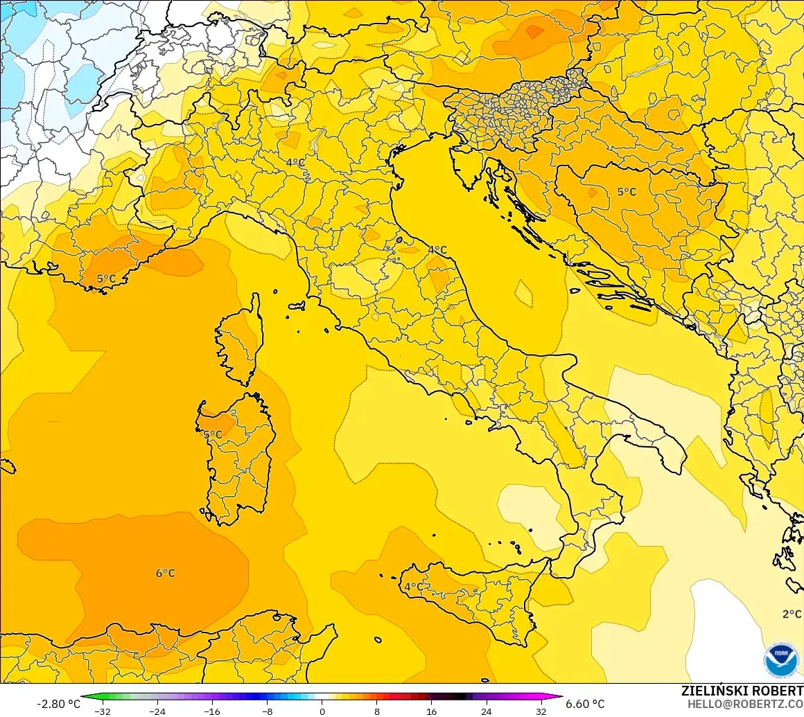 GFS modelo - Italia, Anomalía de temperatura a 850 hPa