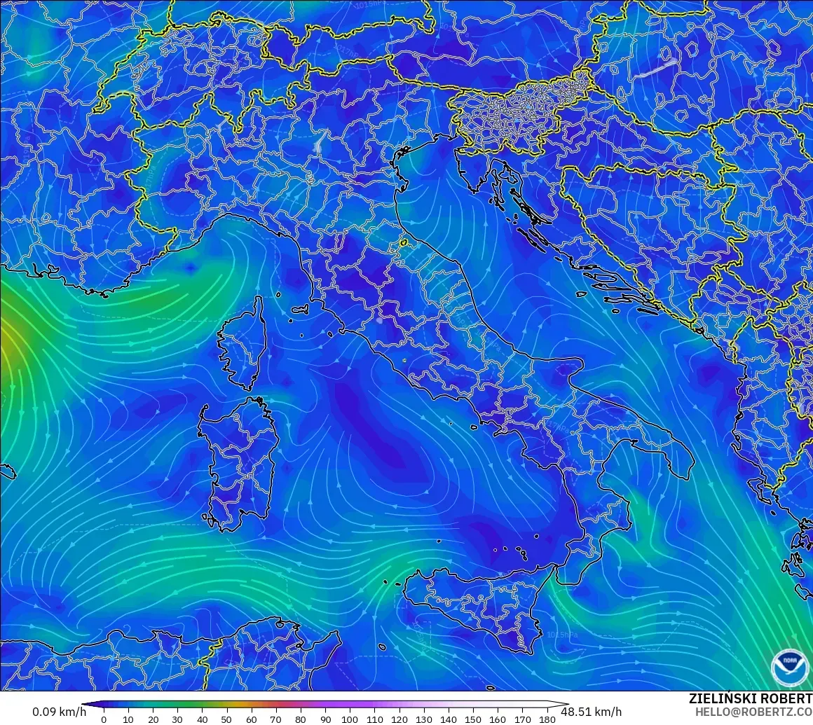 GFS modelo - Italia, Viento a 10 m