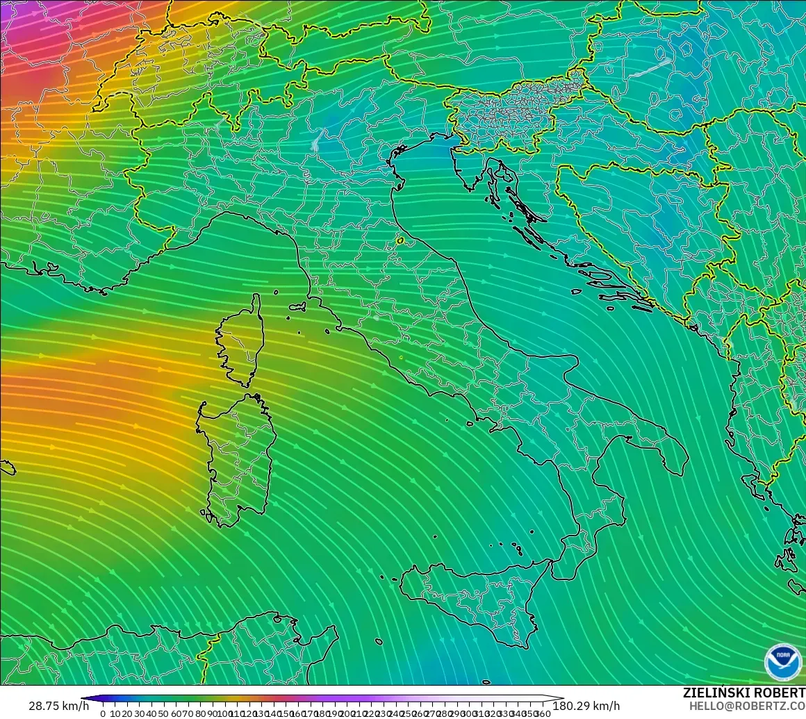 GFS modelo - Italia, Viento a 300 hPa (corriente en chorro)