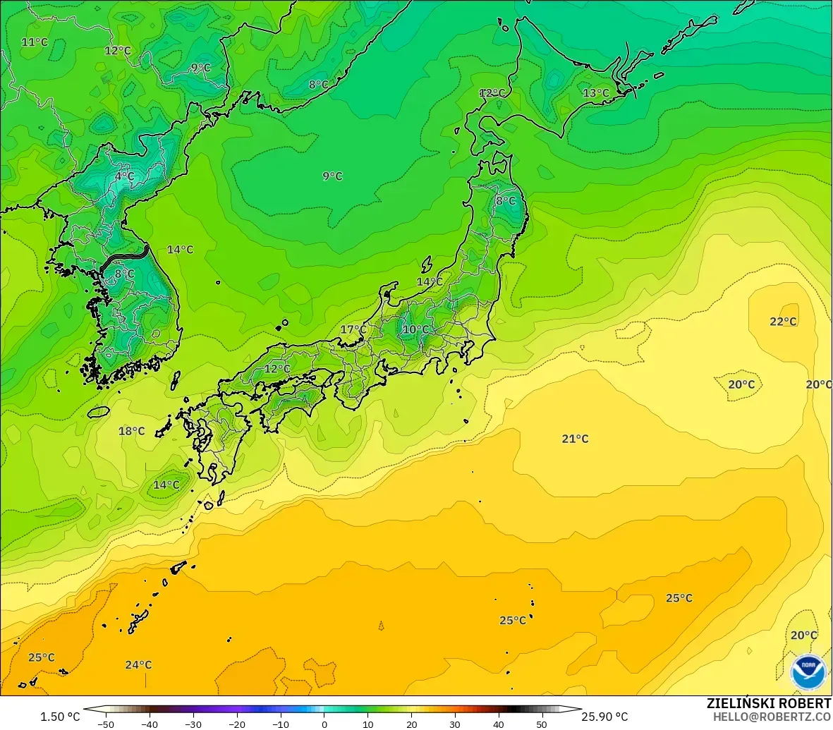 GFS modelo - Japón, Punto de rocío a 2 m