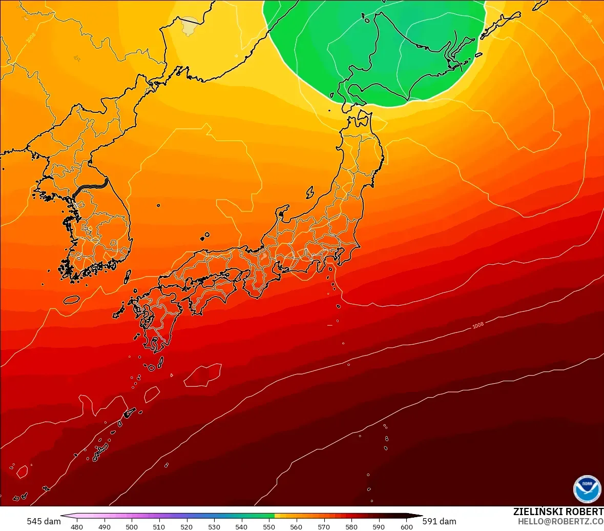 GFS modelo - Japón, Altura geopotencial a 500 hPa