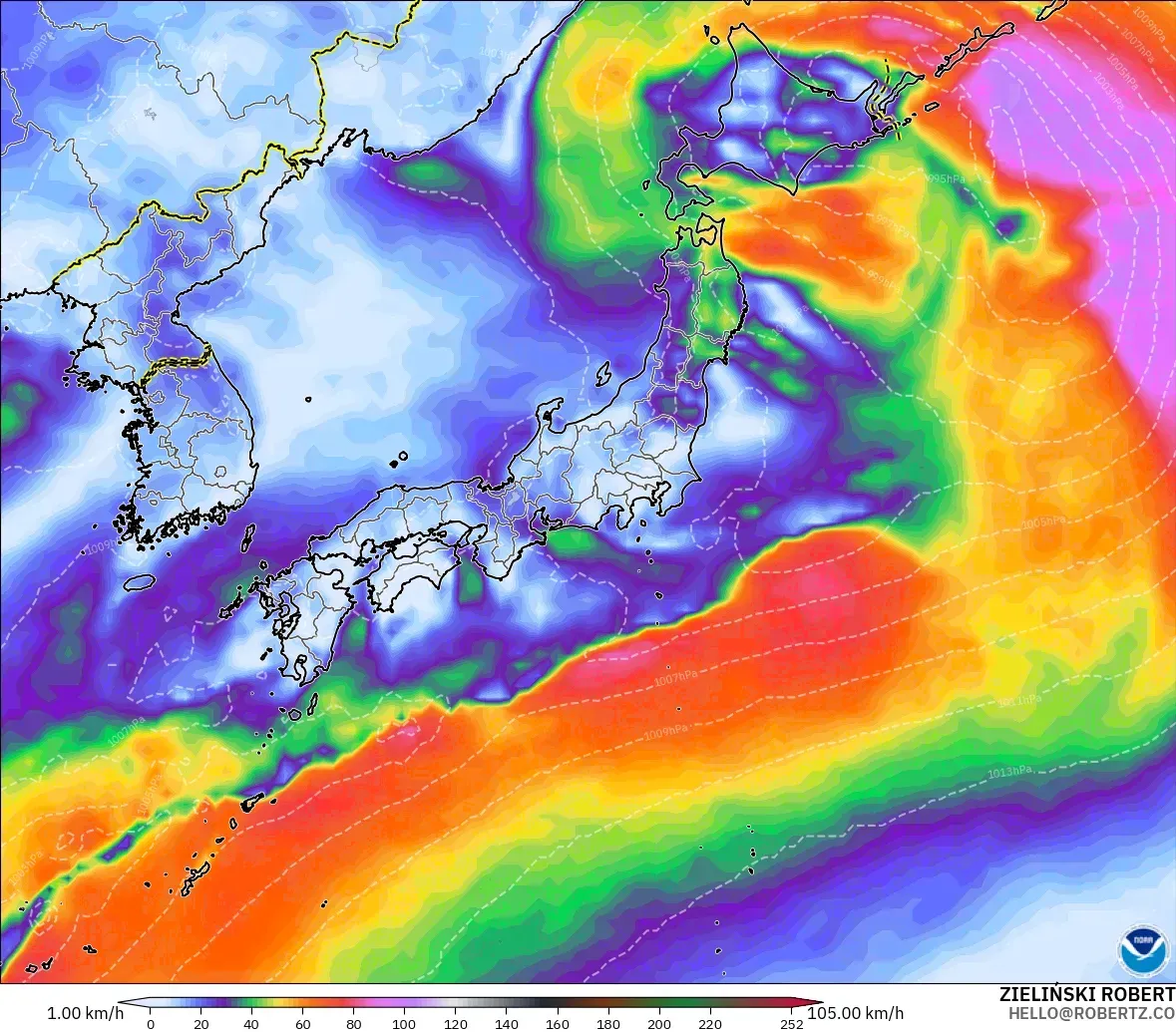 GFS modelo - Japón, Ráfagas de viento