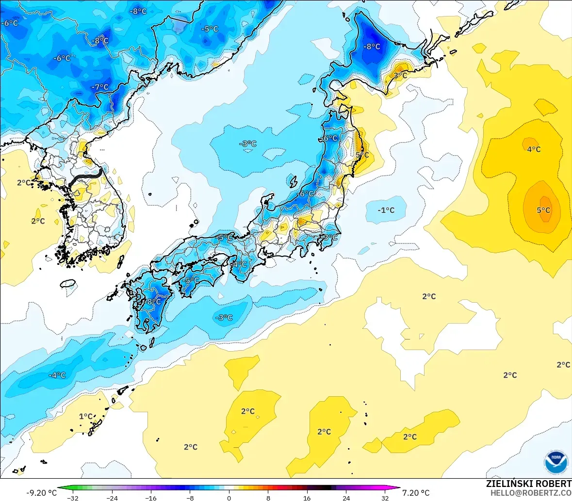 GFS modelo - Japón, Anomalía de temperatura a 2 m