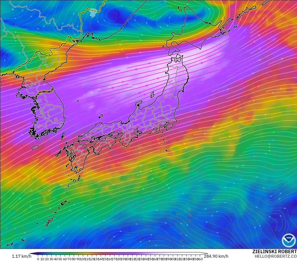 GFS modelo - Japón, Viento a 300 hPa (corriente en chorro)