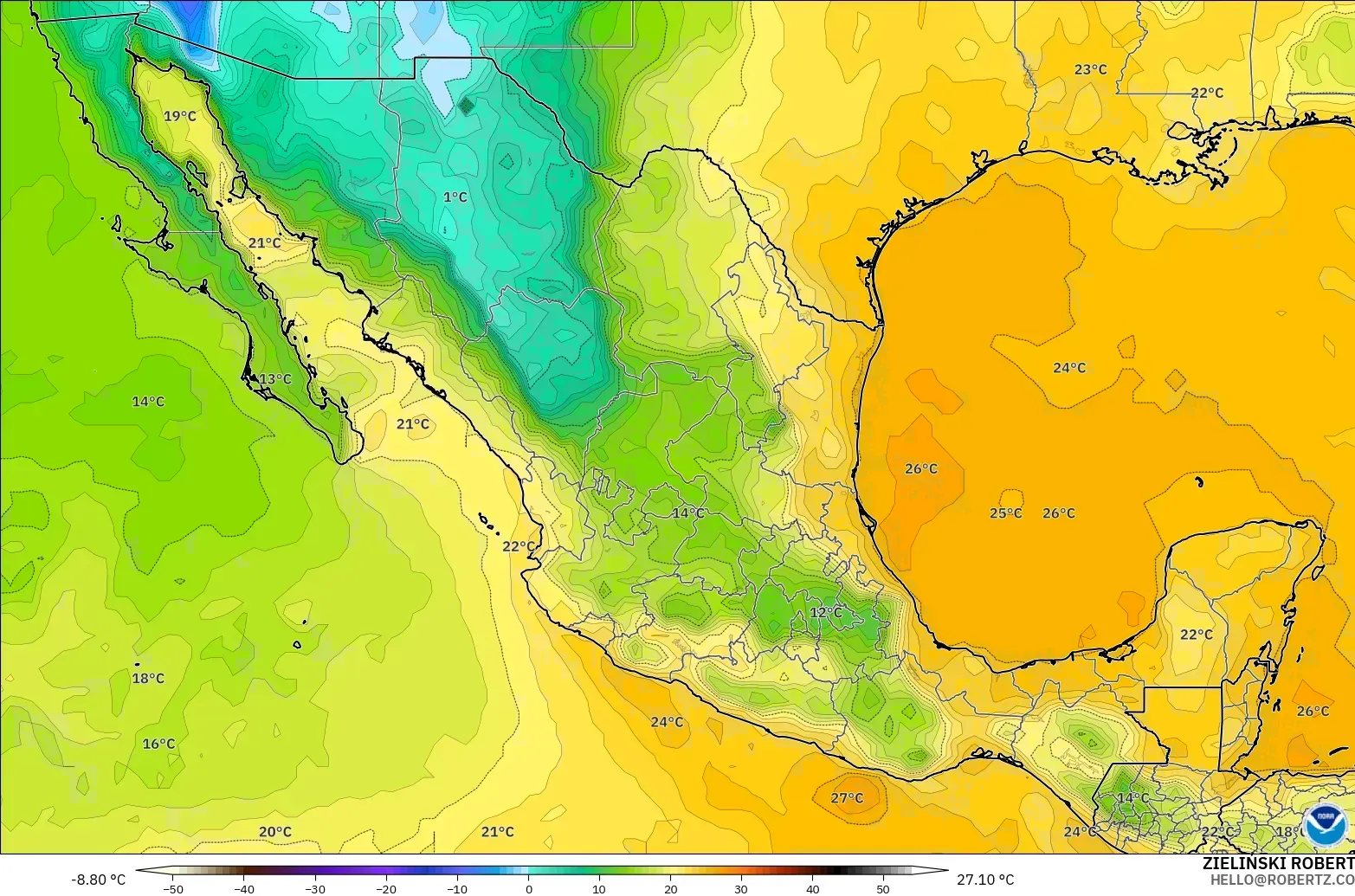 GFS modelo - México, Punto de rocío a 2 m