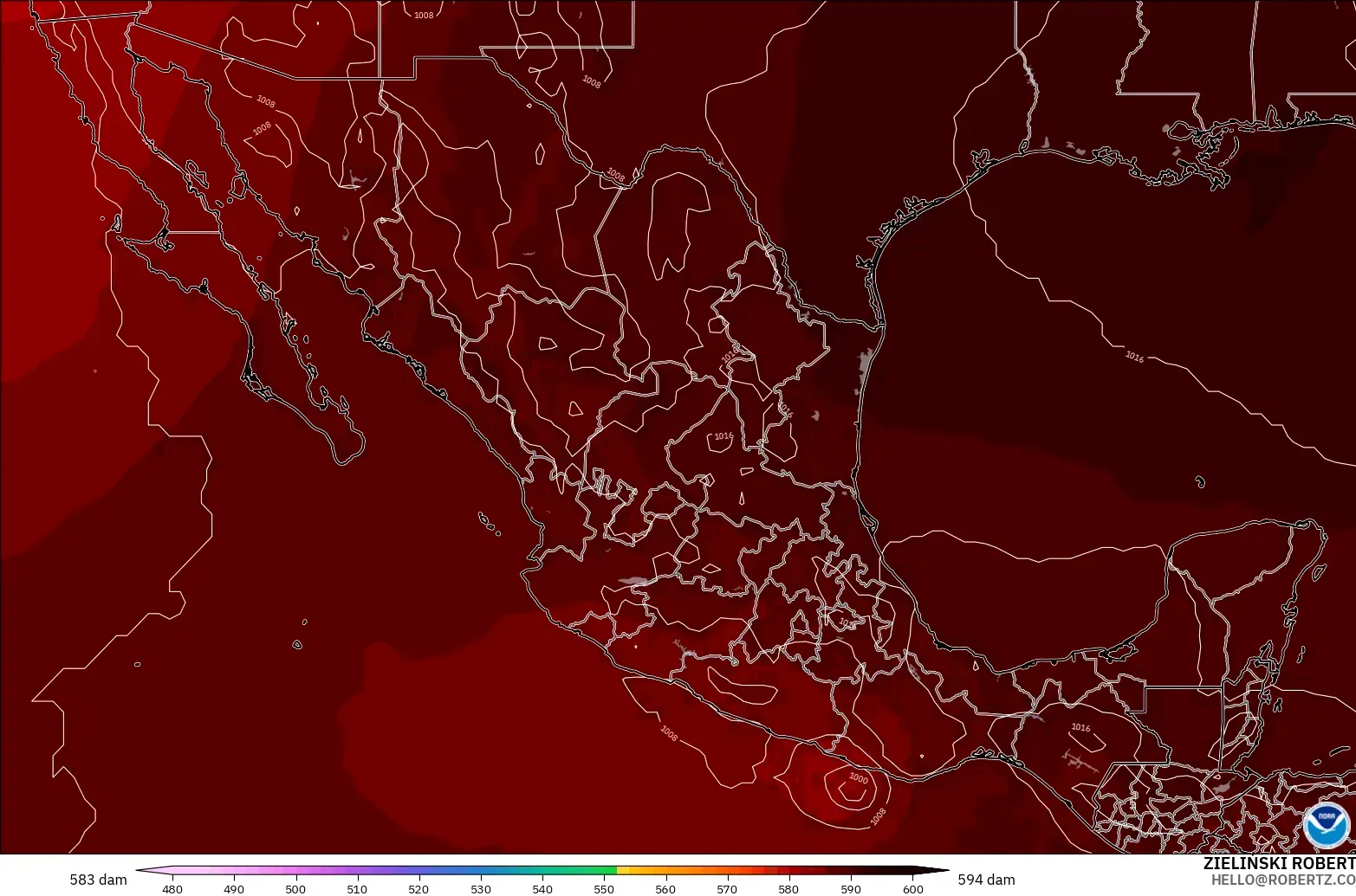 GFS modelo - México, Altura geopotencial a 500 hPa