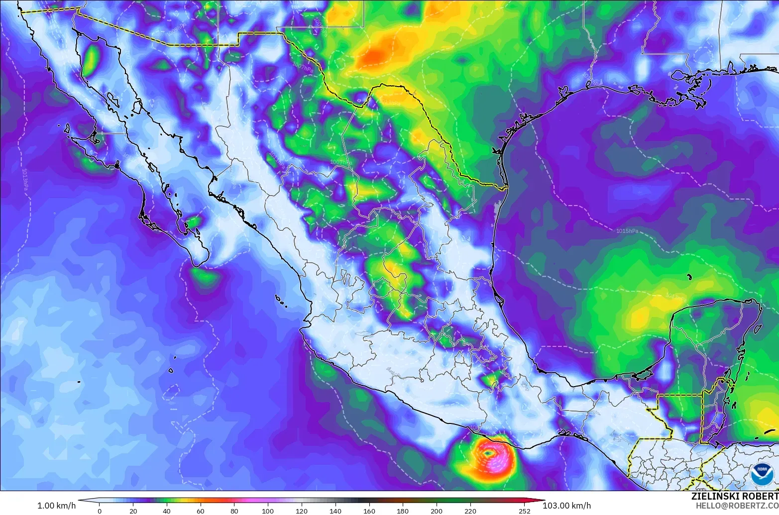 GFS modelo - México, Ráfagas de Viento Máximas
