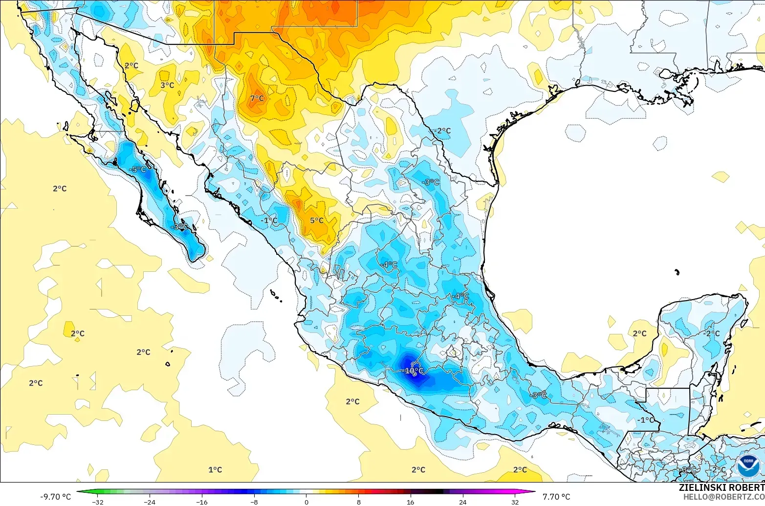 GFS modelo - México, Anomalía de temperatura a 2 m