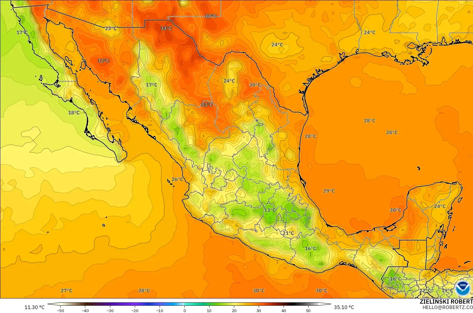 GFS modelo - México, Temperatura a 2 m