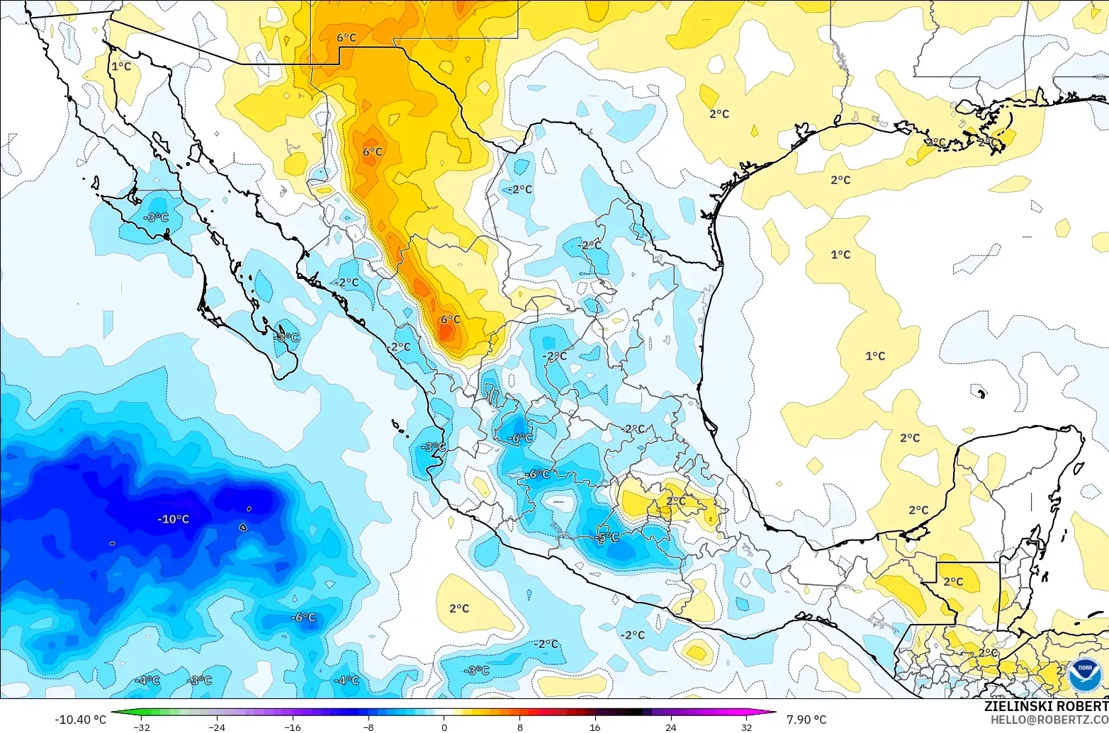 GFS modelo - México, Anomalía de temperatura a 850 hPa