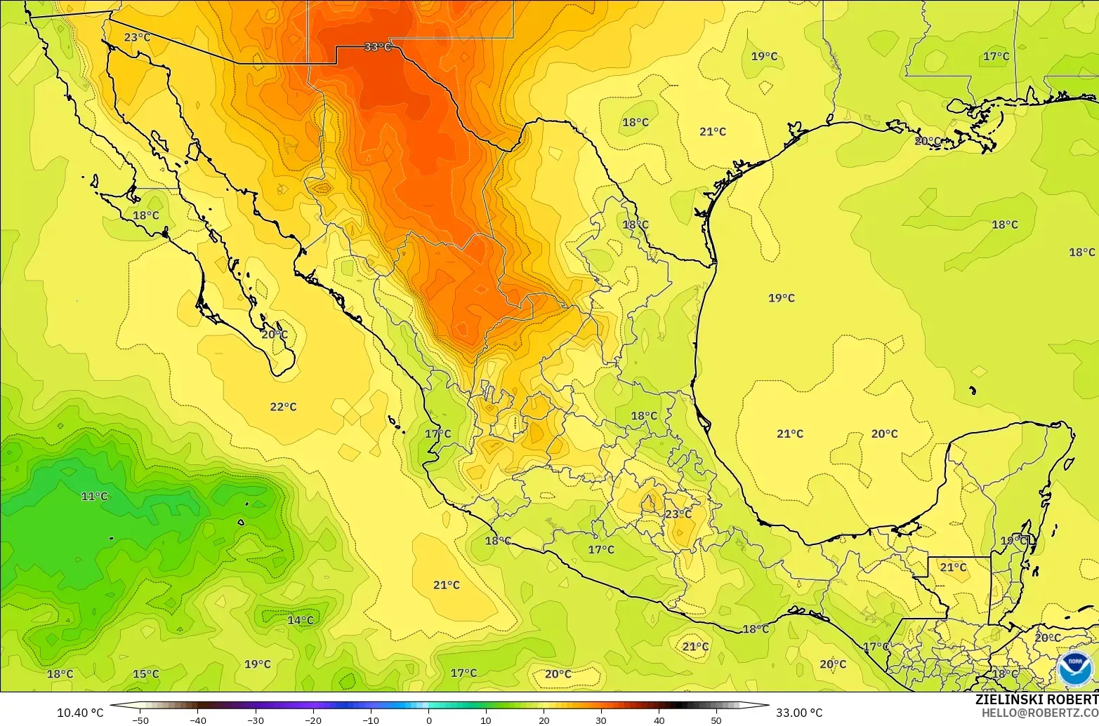 GFS modelo - México, Temperatura a 850 hPa