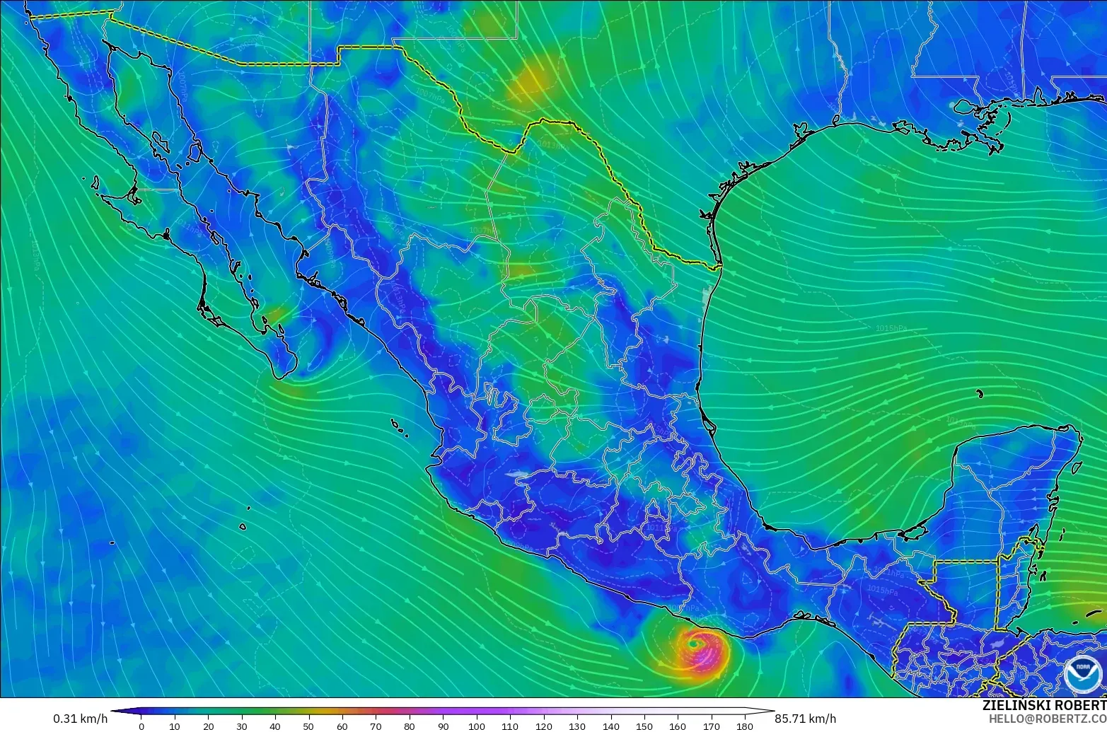 GFS modelo - México, Viento a 10 m