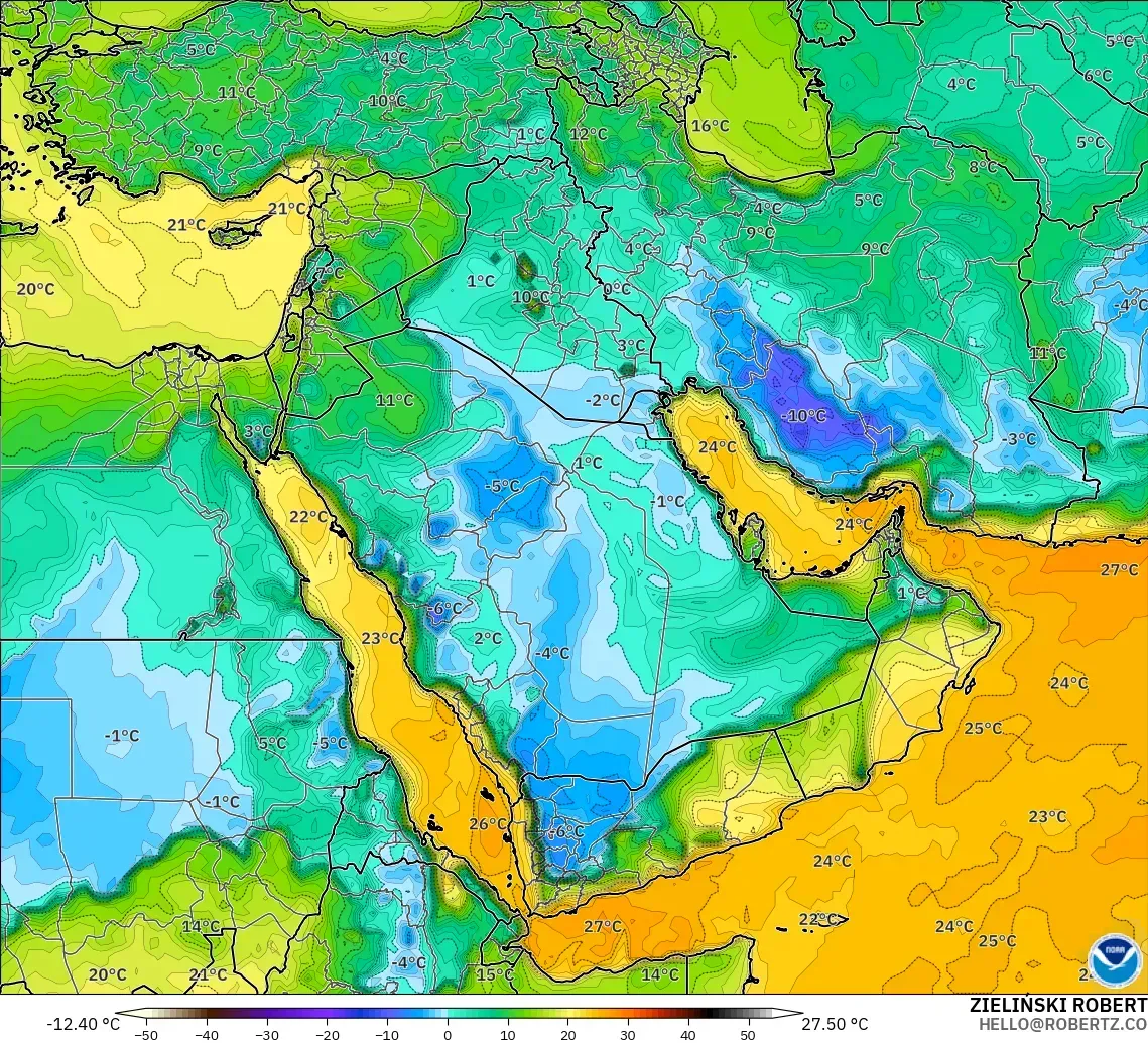 GFS modelo - Oriente Medio, Punto de rocío a 2 m