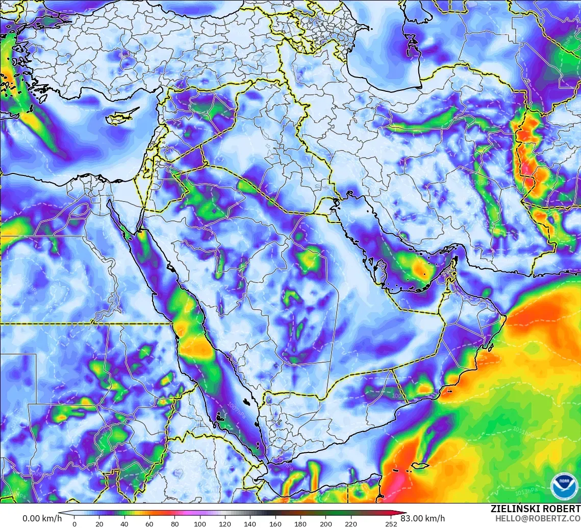 GFS modelo - Oriente Medio, Ráfagas de Viento Máximas