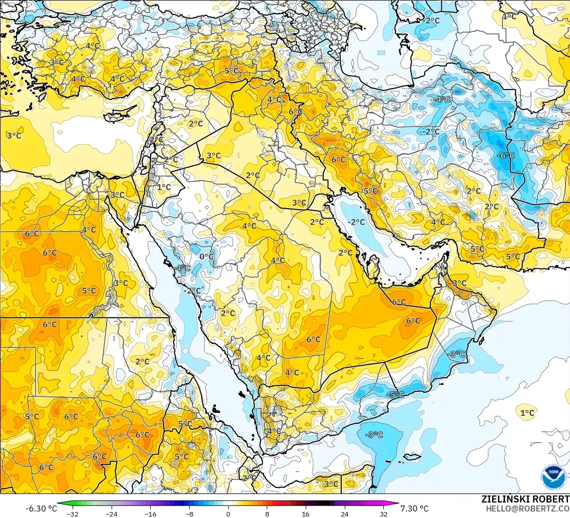 GFS modelo - Oriente Medio, Anomalía de temperatura a 2 m