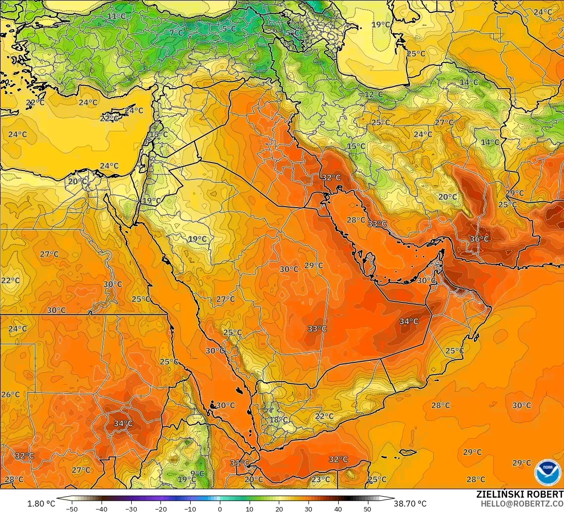 GFS modelo - Oriente Medio, Temperatura a 2 m