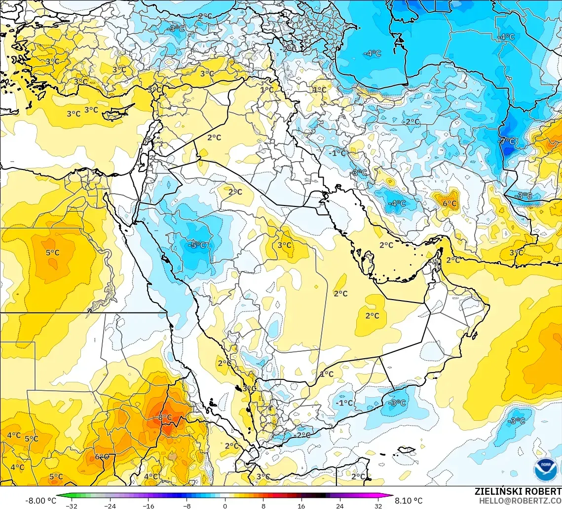 GFS modelo - Oriente Medio, Anomalía de temperatura a 850 hPa