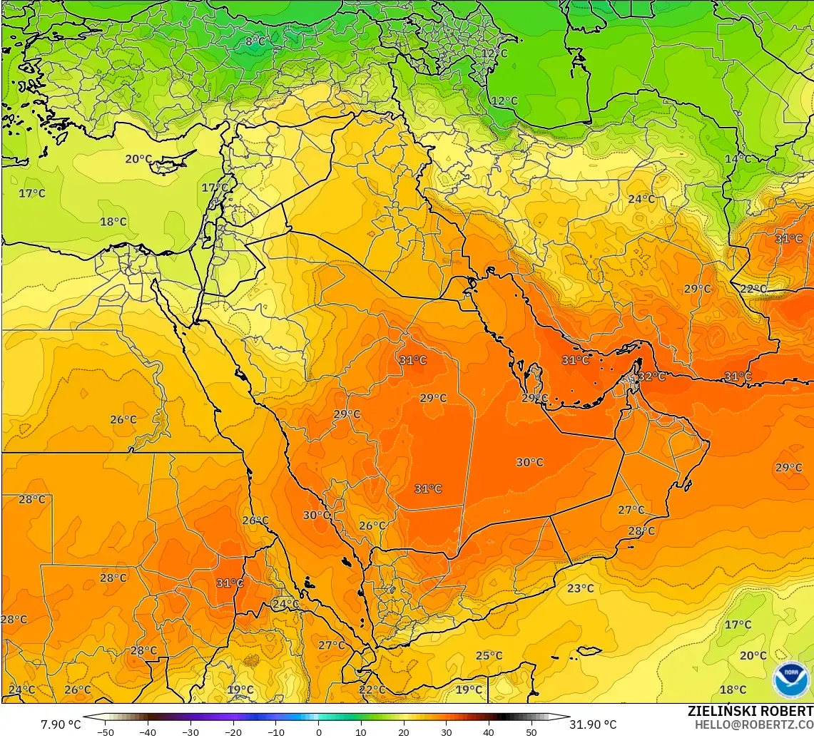 GFS modelo - Oriente Medio, Temperatura a 850 hPa