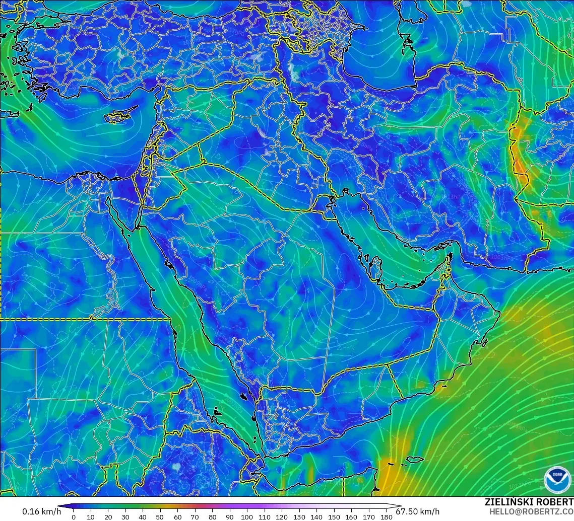 GFS modelo - Oriente Medio, Viento a 10 m