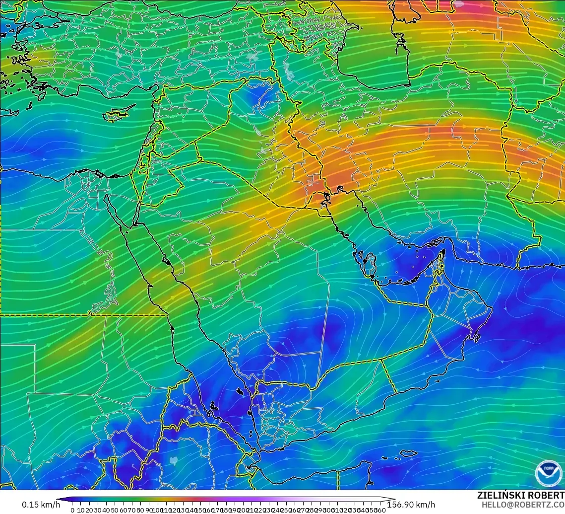 GFS modelo - Oriente Medio, Viento a 300 hPa (corriente en chorro)