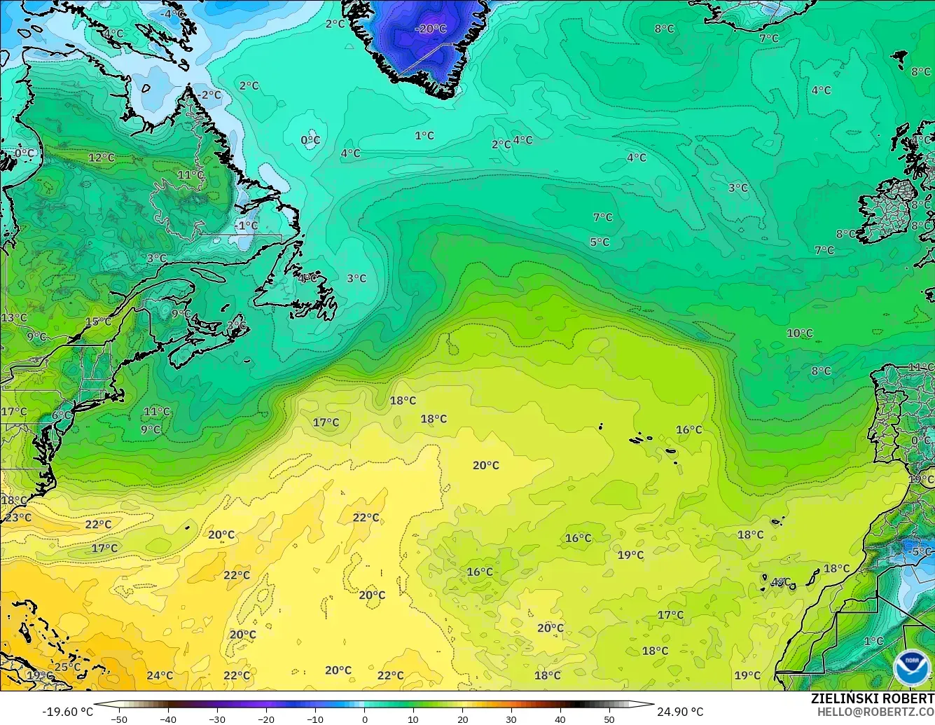 GFS modelo - Norte Atlántico, Punto de rocío a 2 m