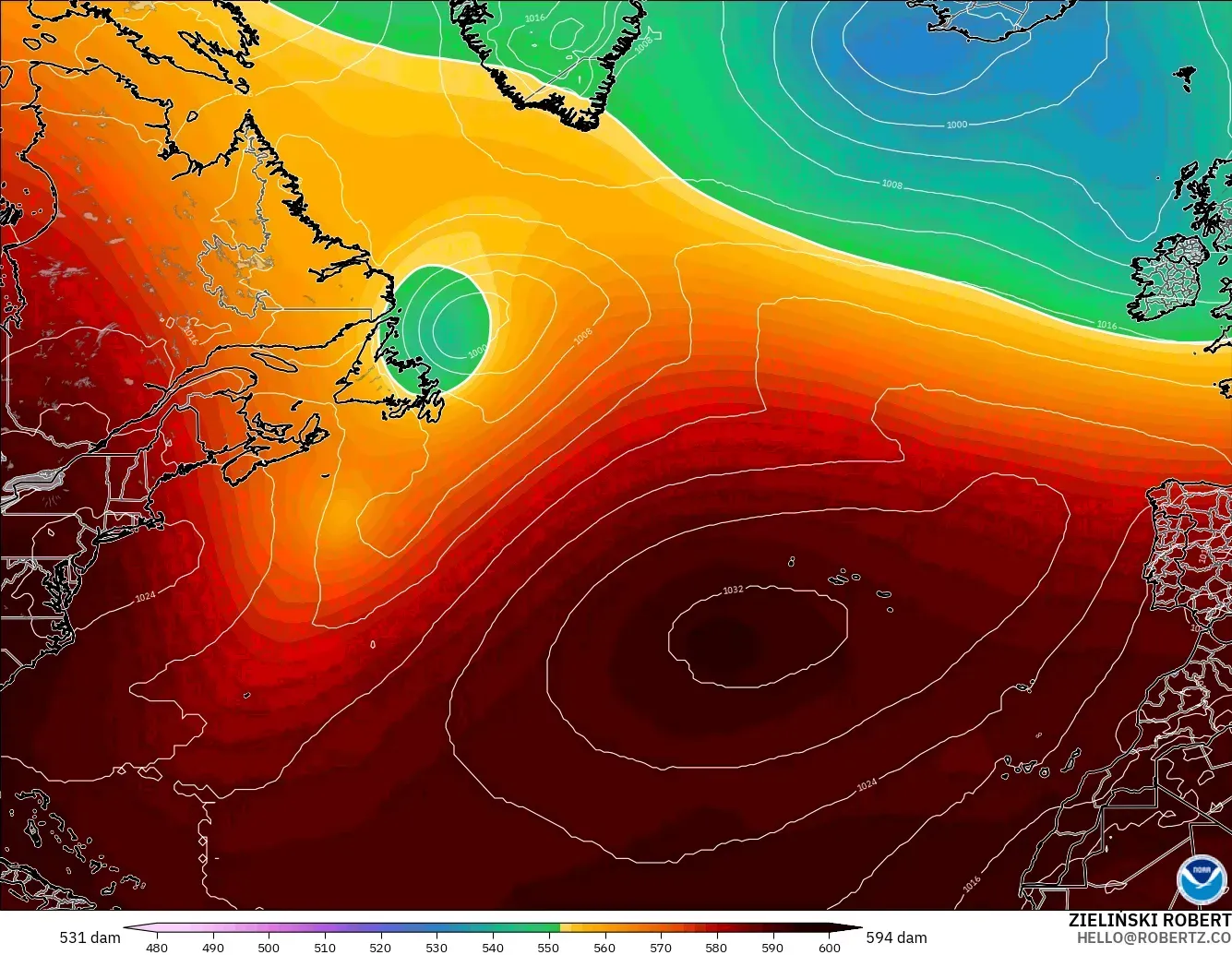 GFS modelo - Norte Atlántico, Altura geopotencial a 500 hPa