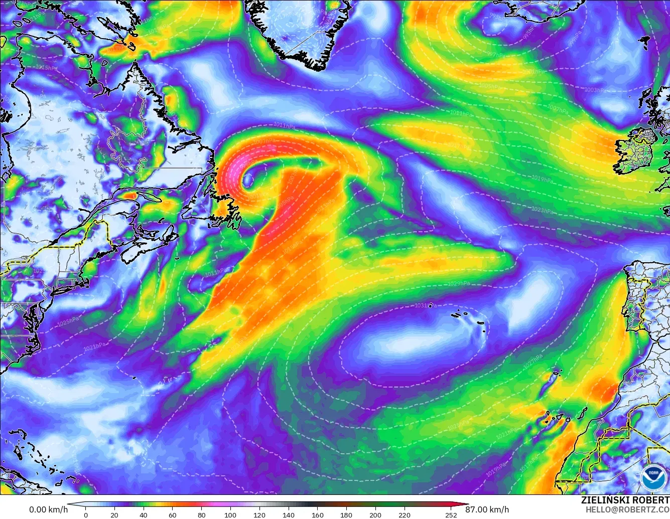 GFS modelo - Norte Atlántico, Ráfagas de Viento Máximas