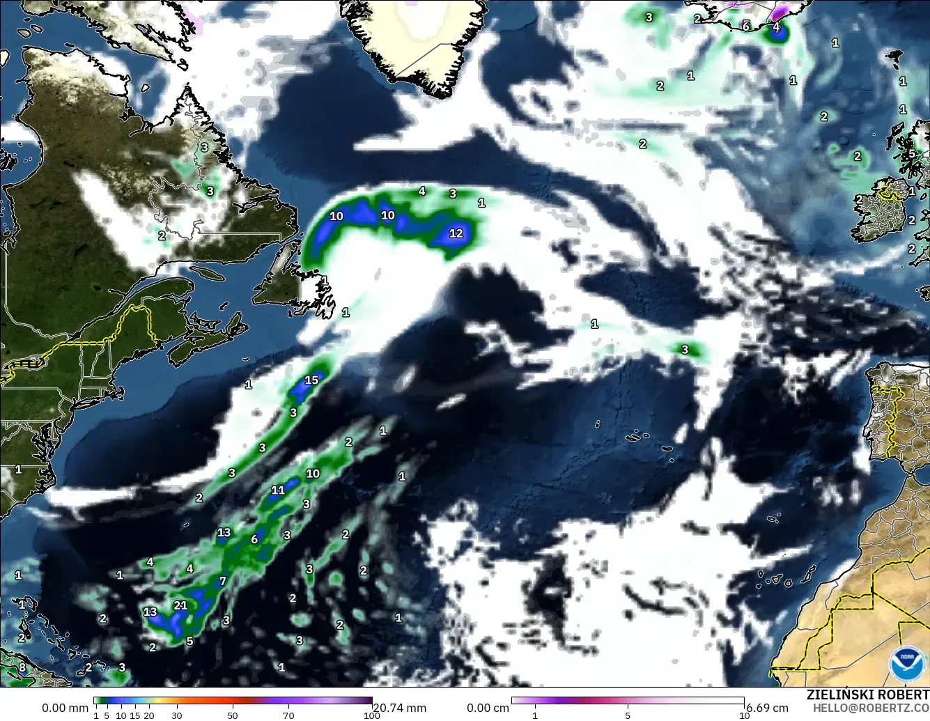 GFS modelo - Norte Atlántico, Precipitación, nubes y presión