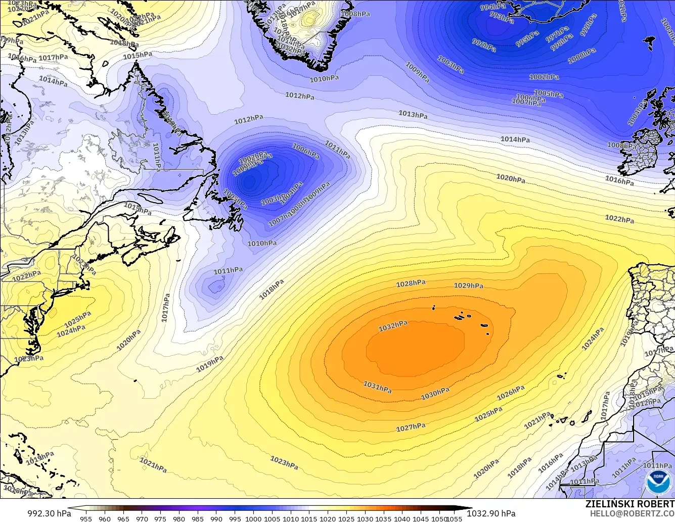 GFS modelo - Norte Atlántico, Presión