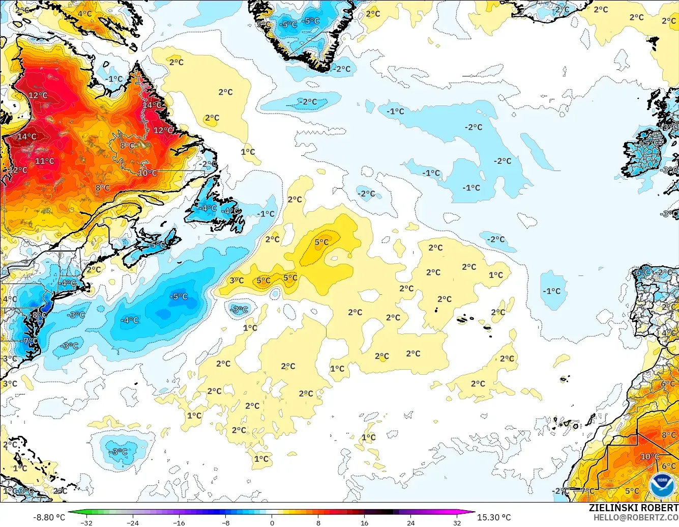 GFS modelo - Norte Atlántico, Anomalía de temperatura a 2 m