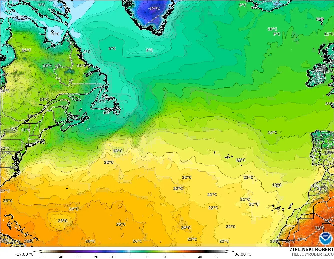 GFS modelo - Norte Atlántico, Temperatura a 2 m
