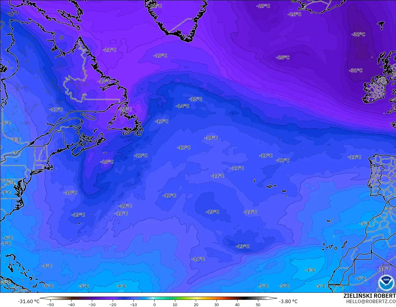 GFS modelo - Norte Atlántico, Temperatura a 500 hPa
