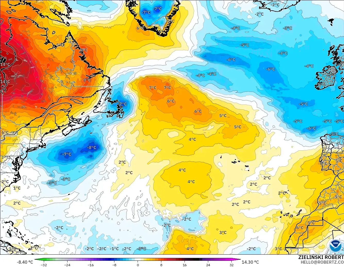 GFS modelo - Norte Atlántico, Anomalía de temperatura a 850 hPa