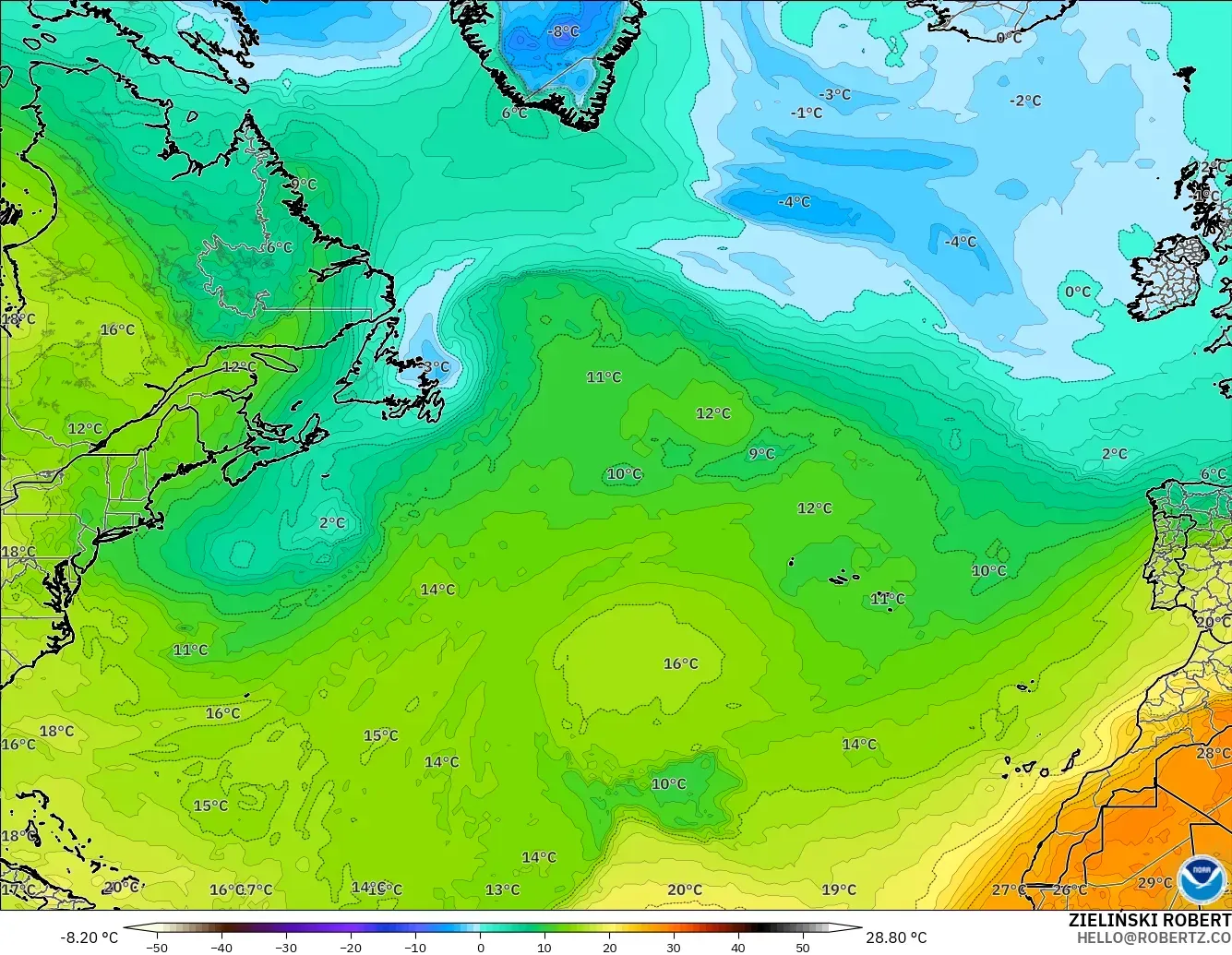 GFS modelo - Norte Atlántico, Temperatura a 850 hPa